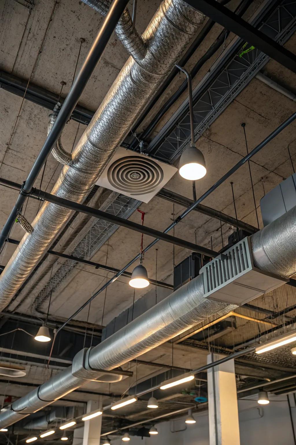 Exposed ductwork enhances the industrial aesthetic.