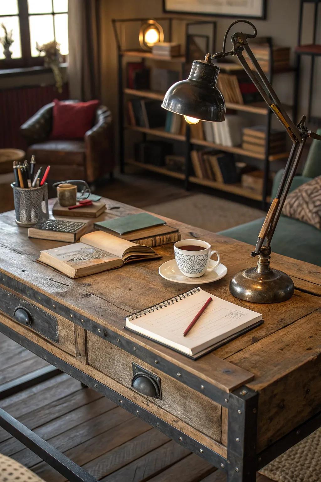 Country appeal connects with the industrial aesthetic using distressed lumber and metal.