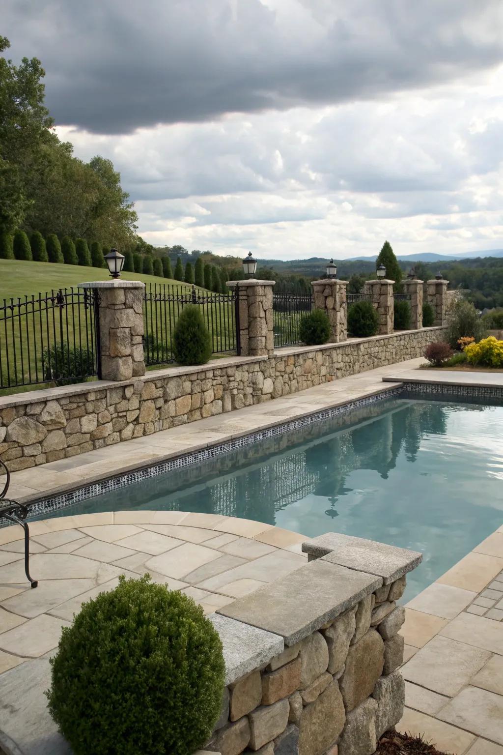 Rock barriers deliver a striking and sturdy poolside boundary.