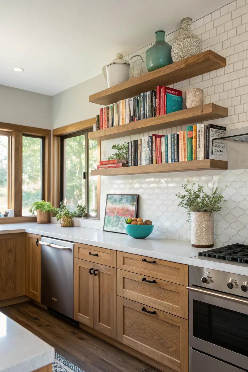 Elevated shelves provide stylish stowage solutions.