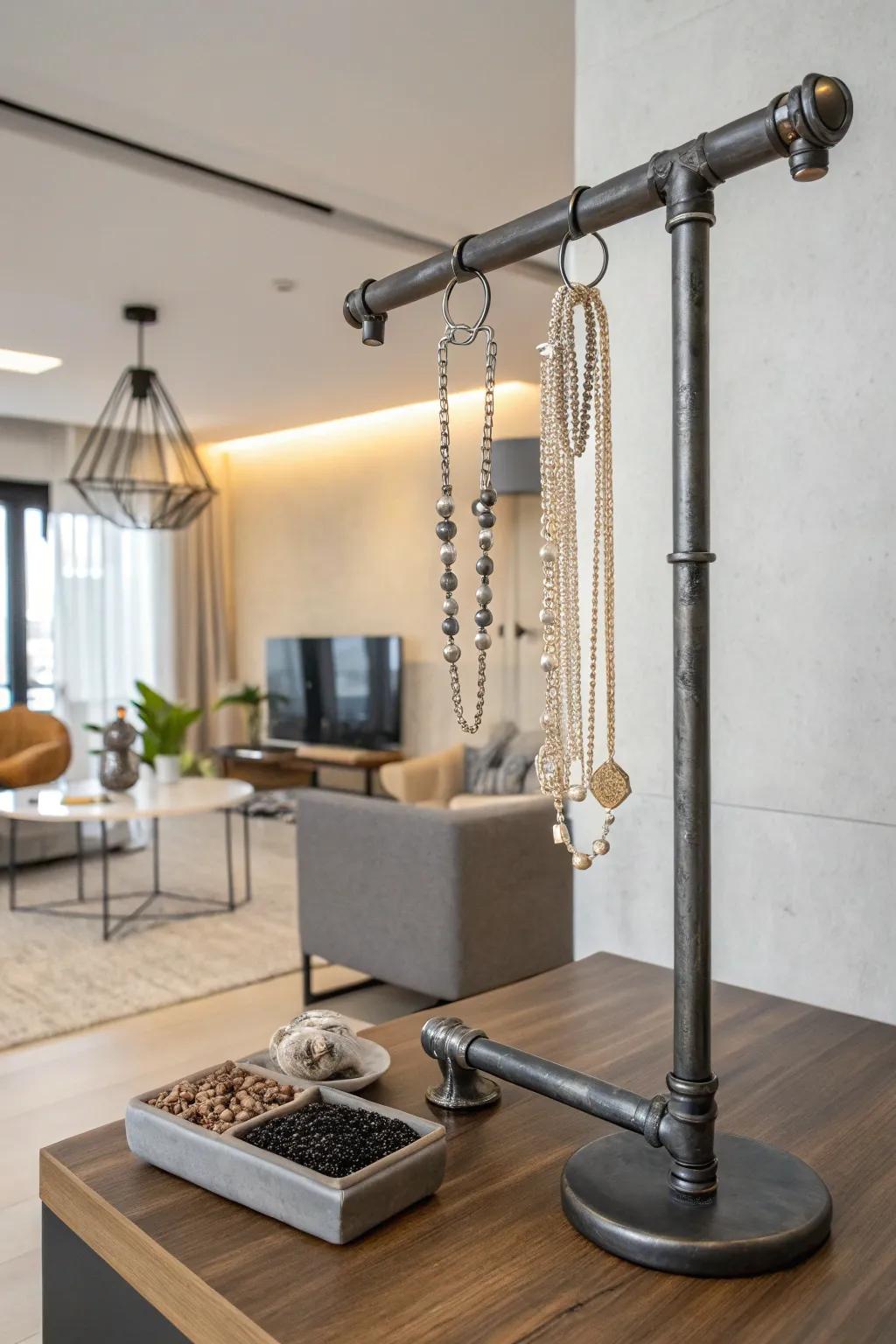 An industrial pipe stand for jewelry display