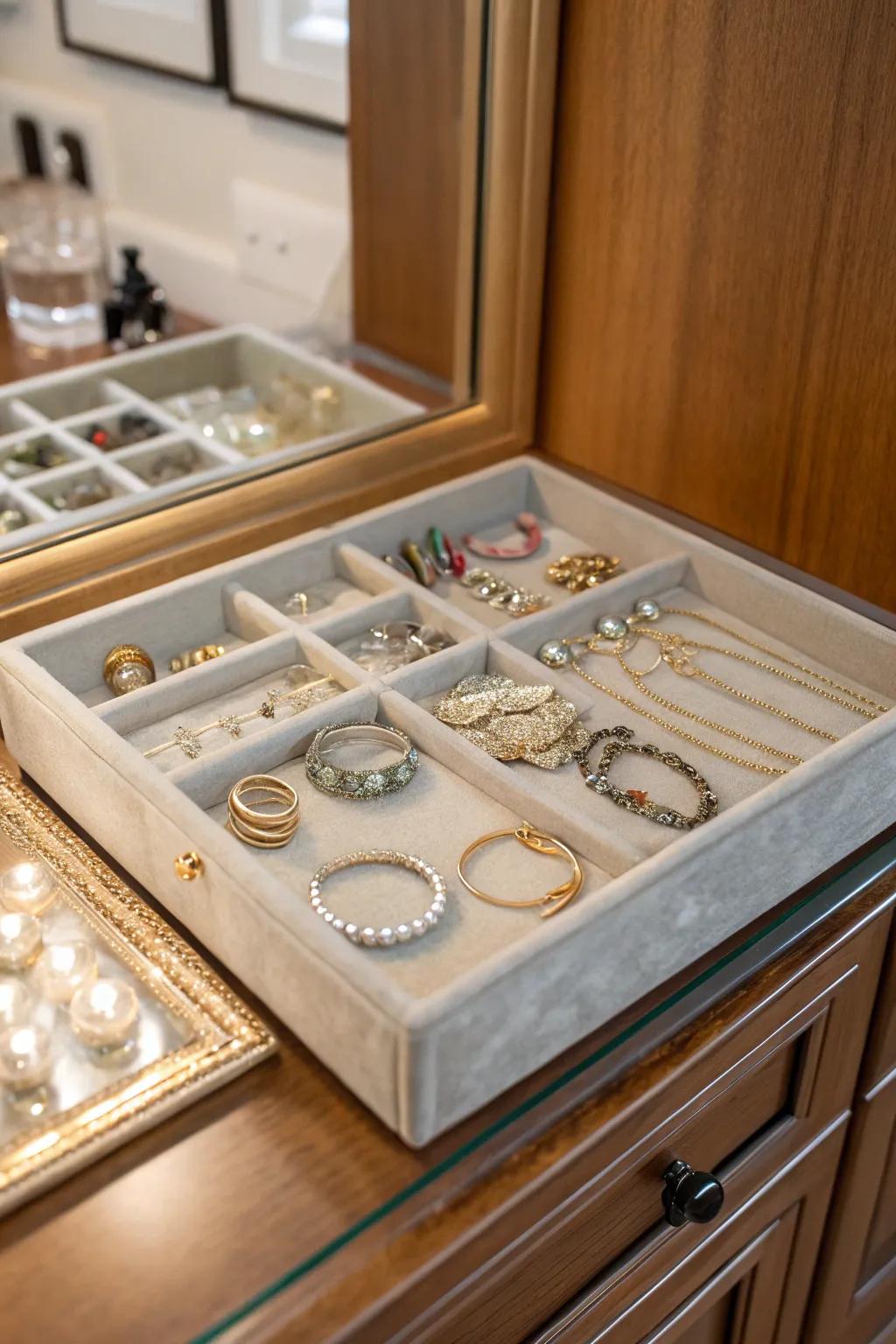 Classy jewelry presentation atop a glass dish