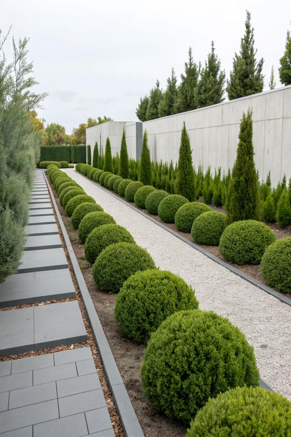 Sleek modern garden with minimalist evergreens
