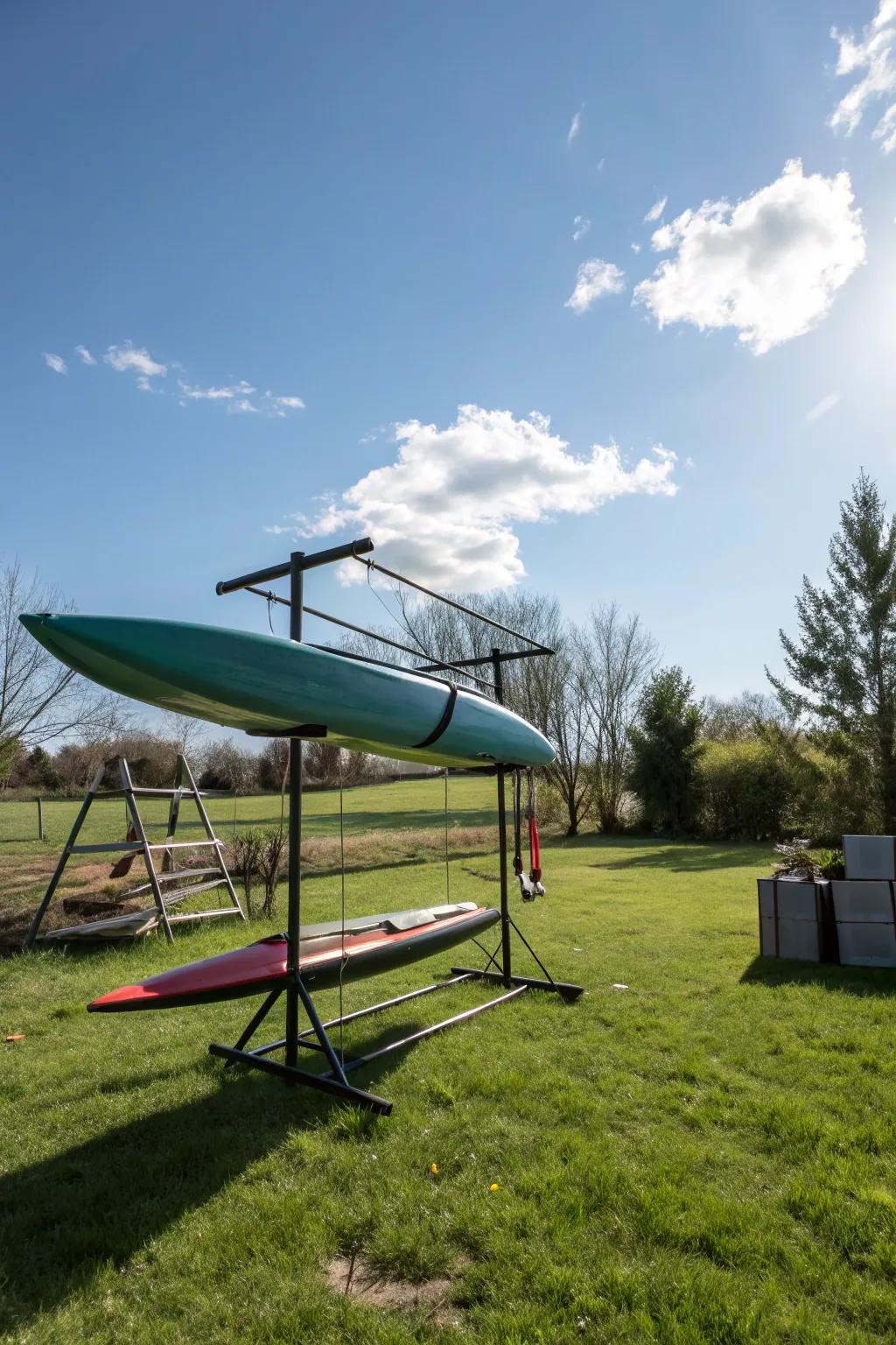 Portable freestanding frame for canoe storage.