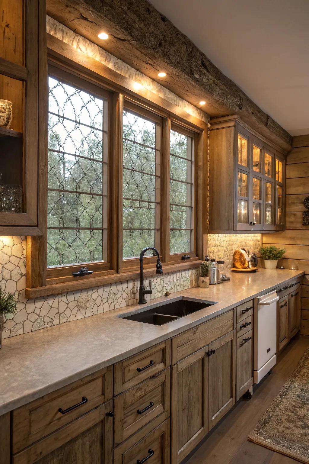 Textured window casings bring depth and character to the overall kitchen design.