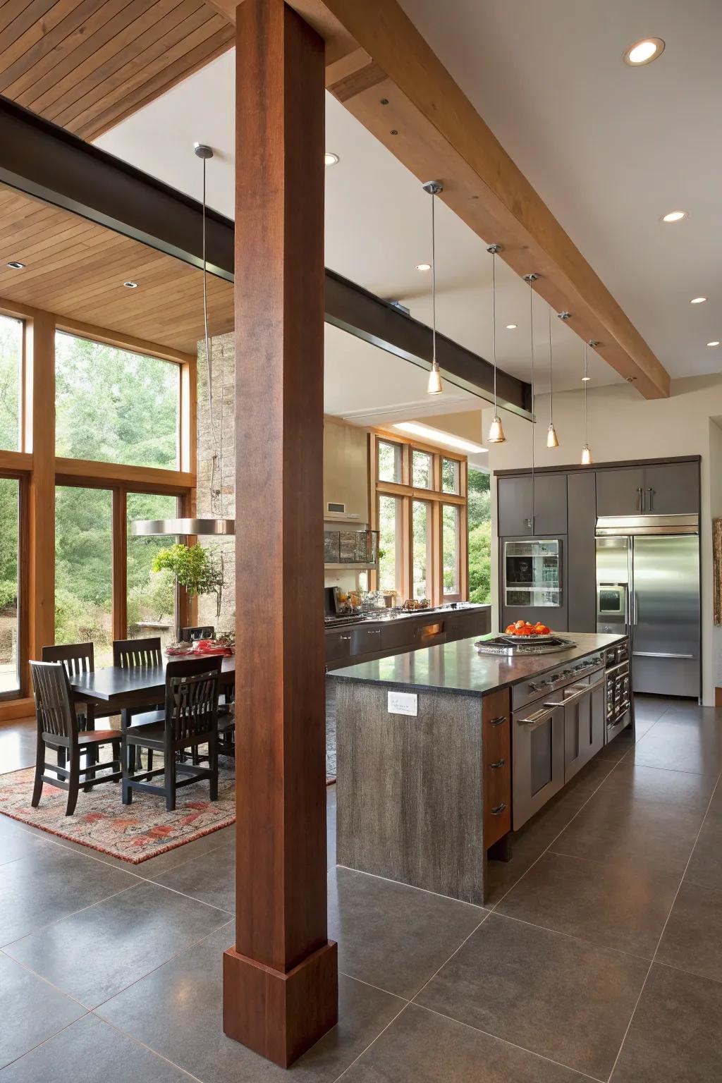 Vertical beam supports stylishly separate kitchen areas.