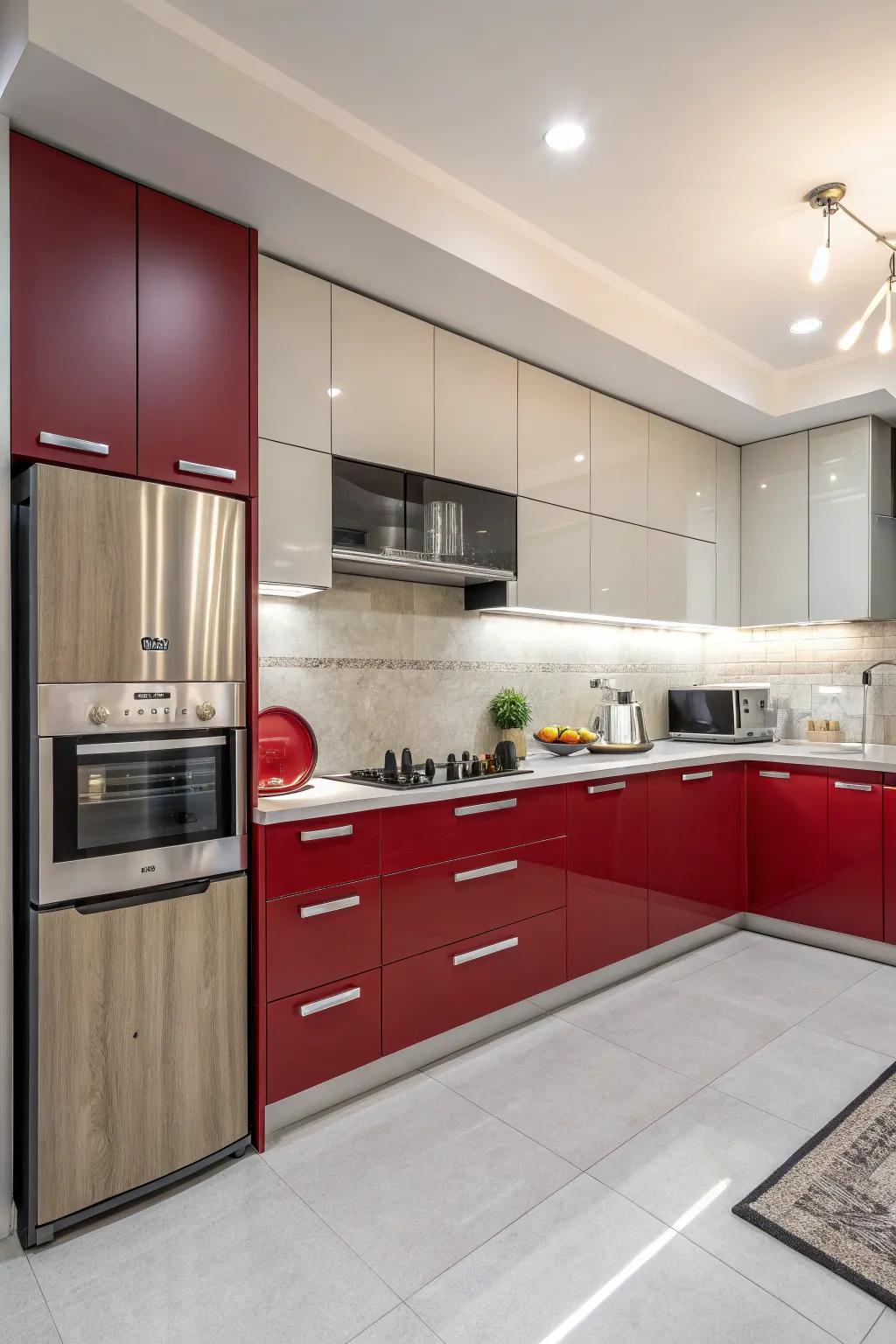 Crimson finishes add energy and passion to the cooking space.