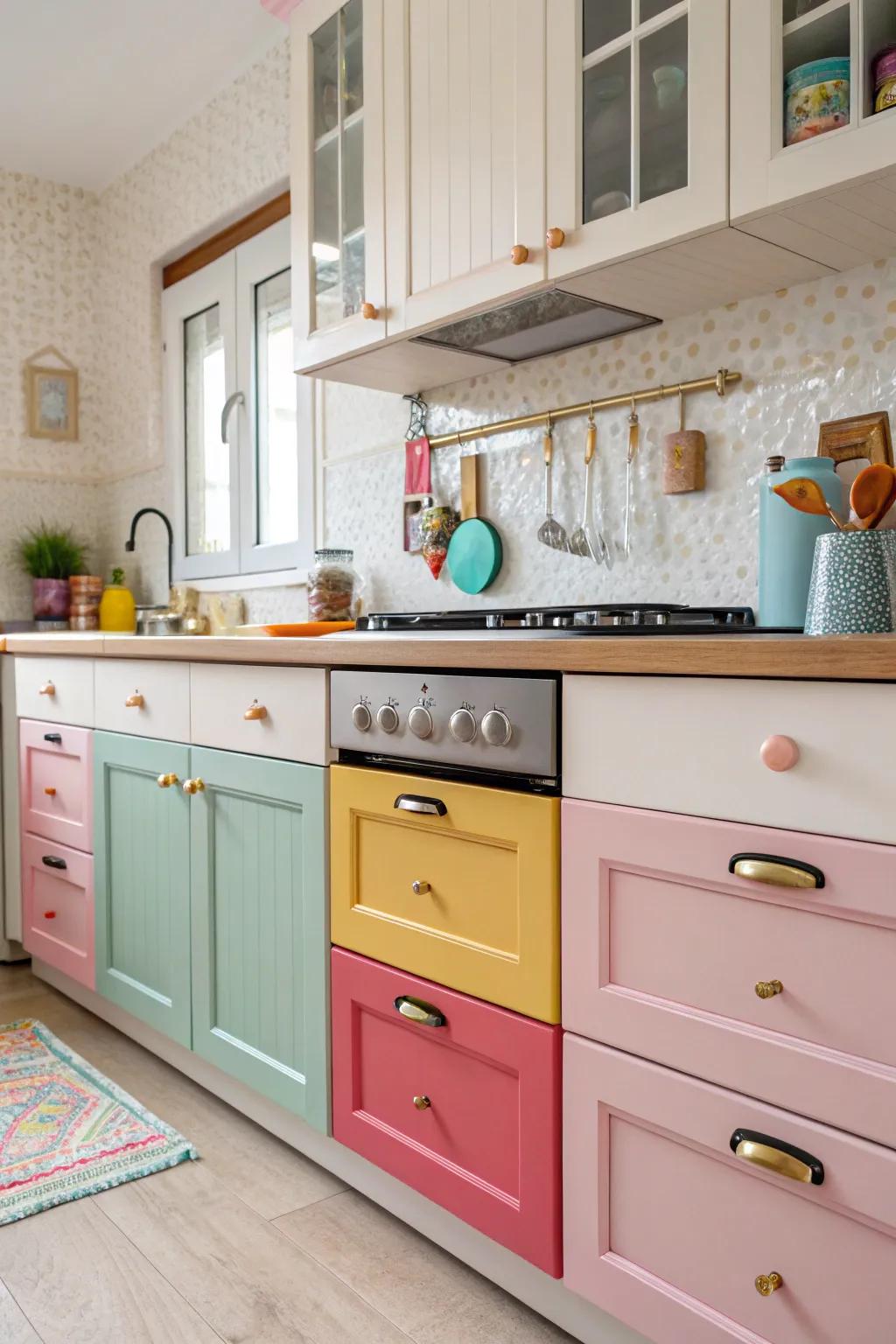 Playful shaded fittings that add a lively touch to the kitchen.