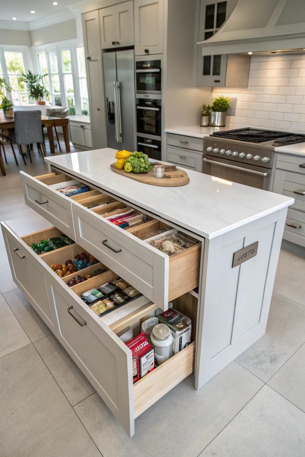 Kitchen island enhanced with concealed storage for a practical and stylish option.