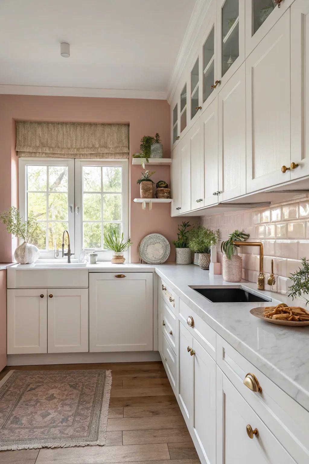 Dawn pink walls provide a soft and sophisticated aesthetic.