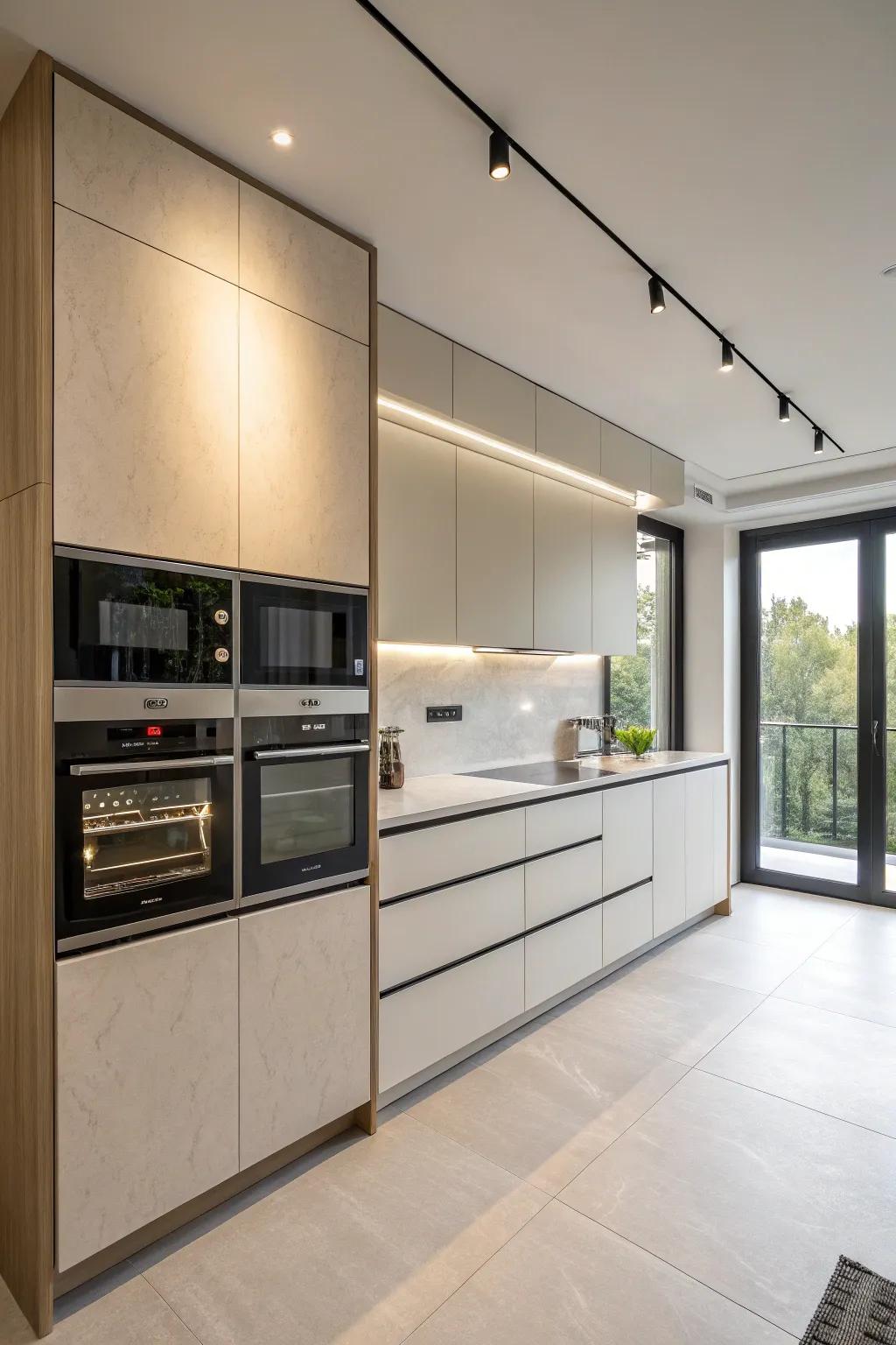 Integrated appliances providing a streamlined kitchen appearance.