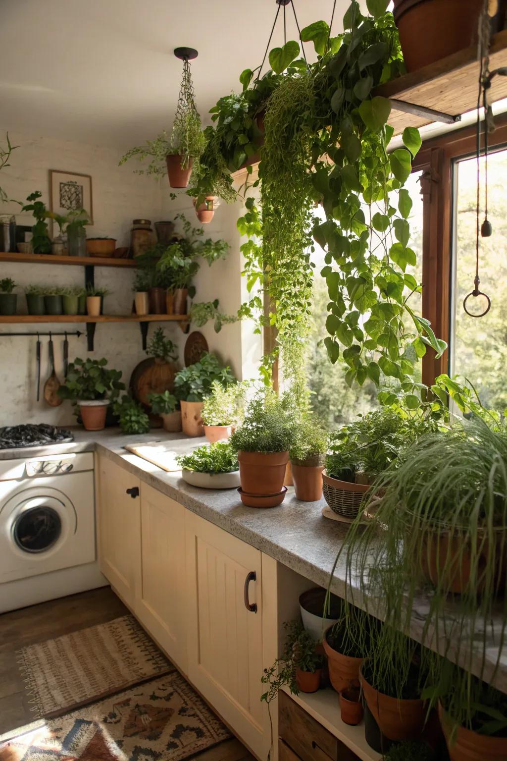 Greenery adds a lively and refreshing touch to the cooking area.
