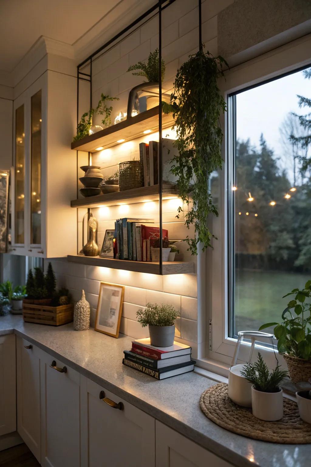 Below-shelf lighting makes the kitchen feel cozy and magical.
