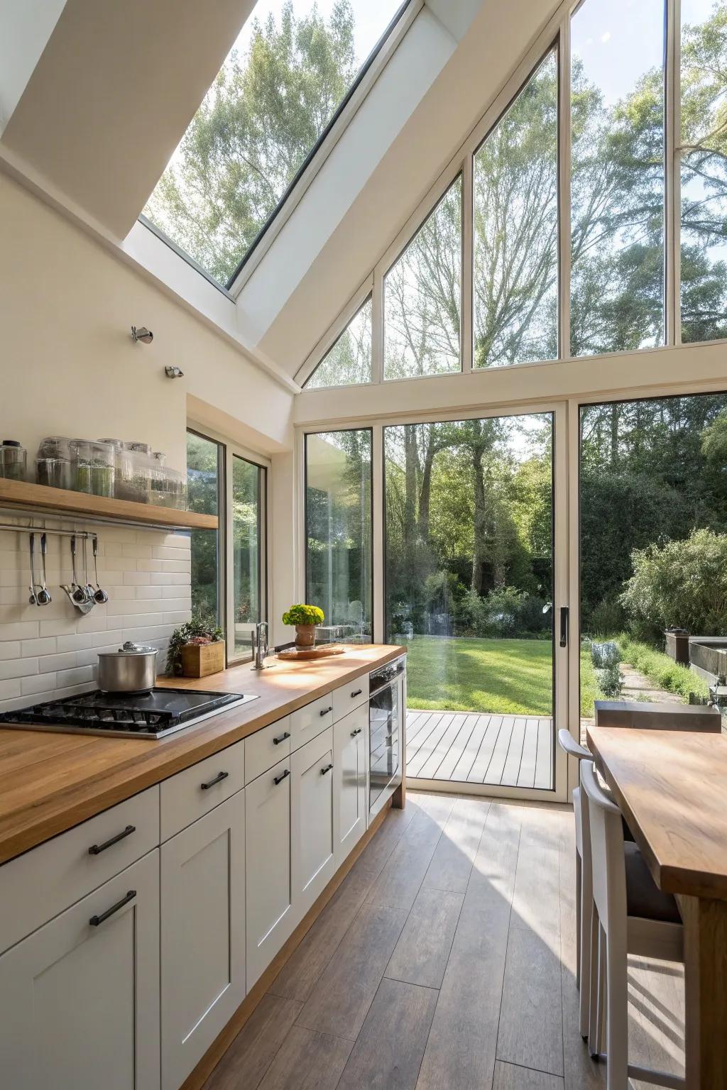 A glass wall connects this kitchen with its natural surroundings, blurring the line between indoors and out.