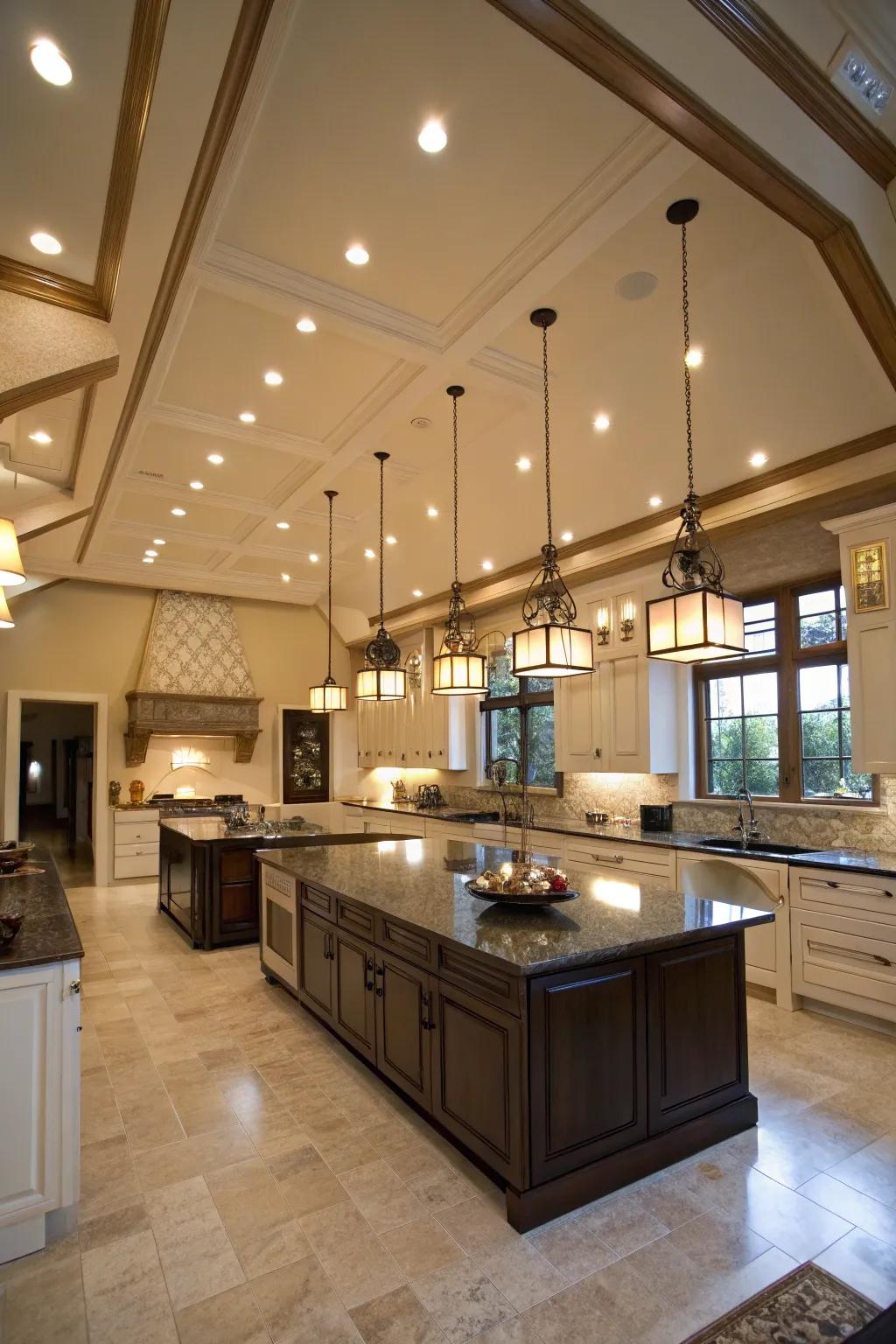 Stacked lighting upgrades both use and feeling inside the kitchen.
