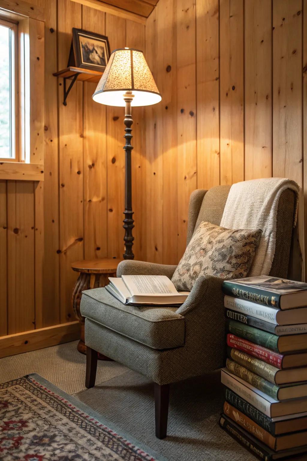 A snug reading hideaway perfect for relaxation in a pine paneled cabin.