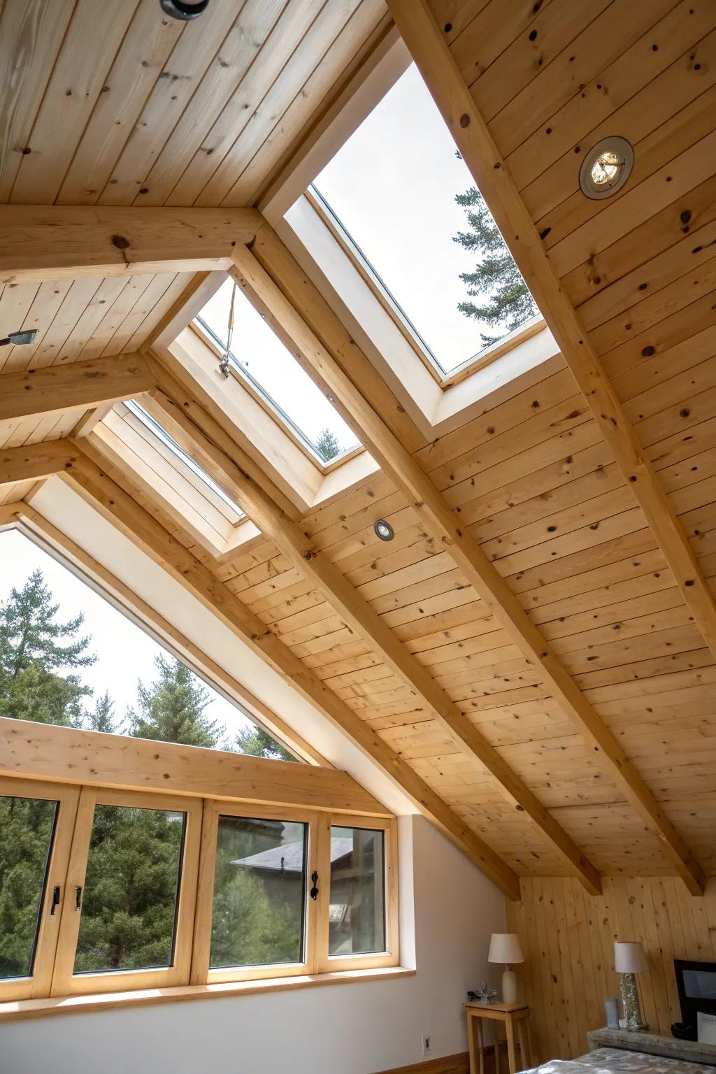 A bright room where skylights enhance the allure of a wood-clad ceiling.