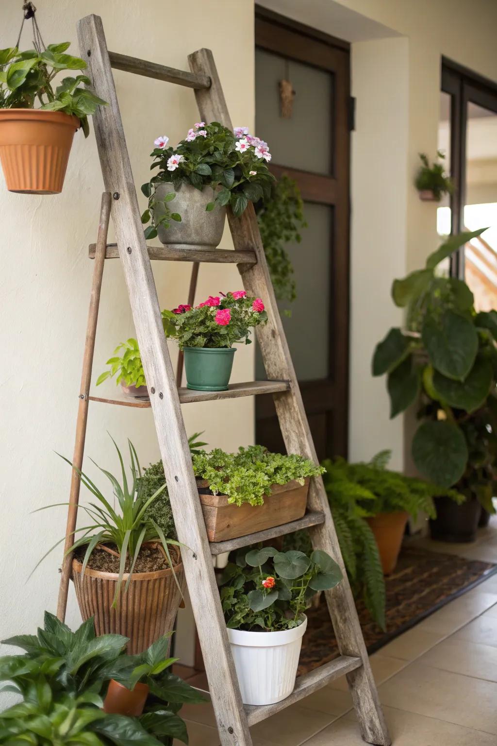 A ladder plant display showcases greenery splendidly.