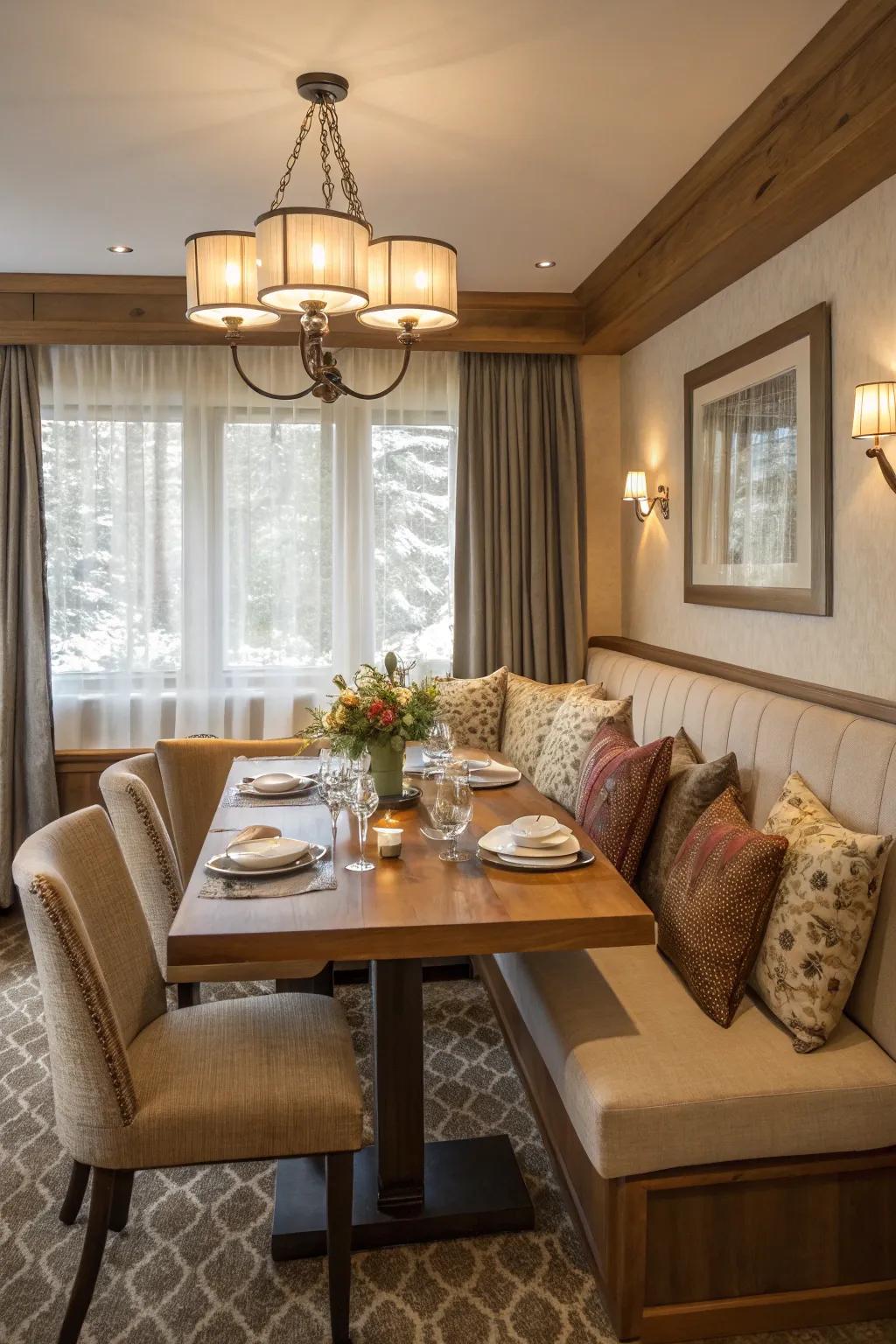 Bench seating conserves area and introduces a cozy accent.