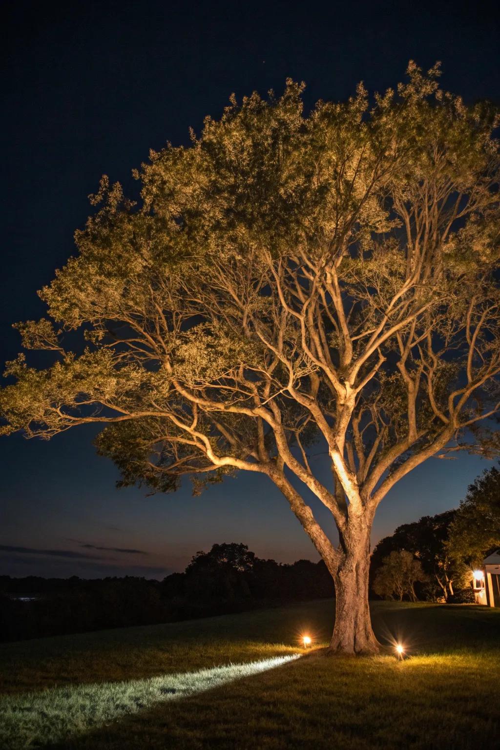 Night illumination transmutes trees into dramatic evening features.