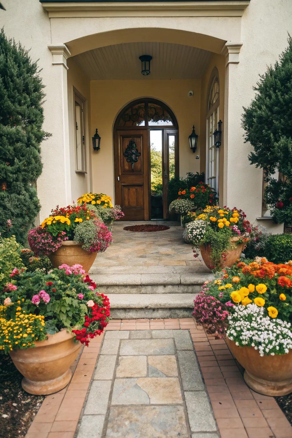 Add color to your entrances with vibrant pot setups.