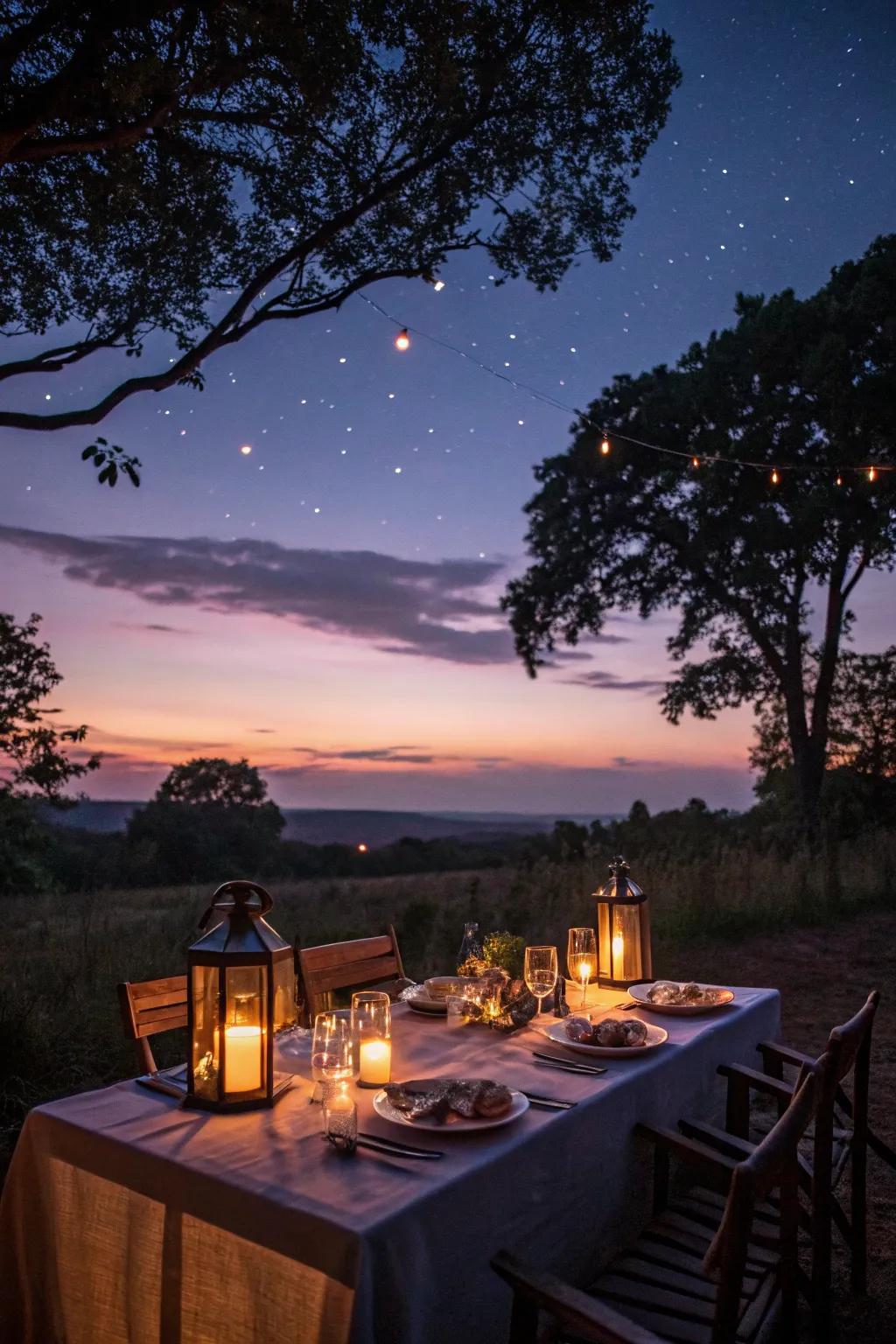 The ambiance of the lights enhances the attraction of an outdoor dining occasion.