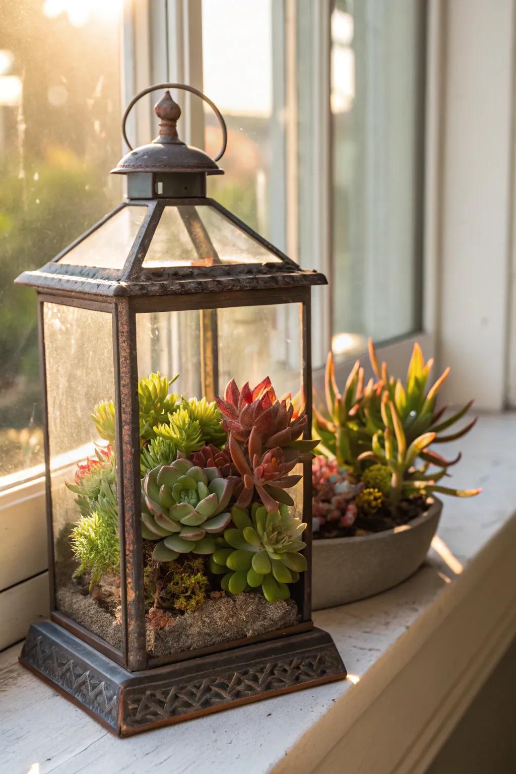 Transform lanterns into unique planters for a green touch.