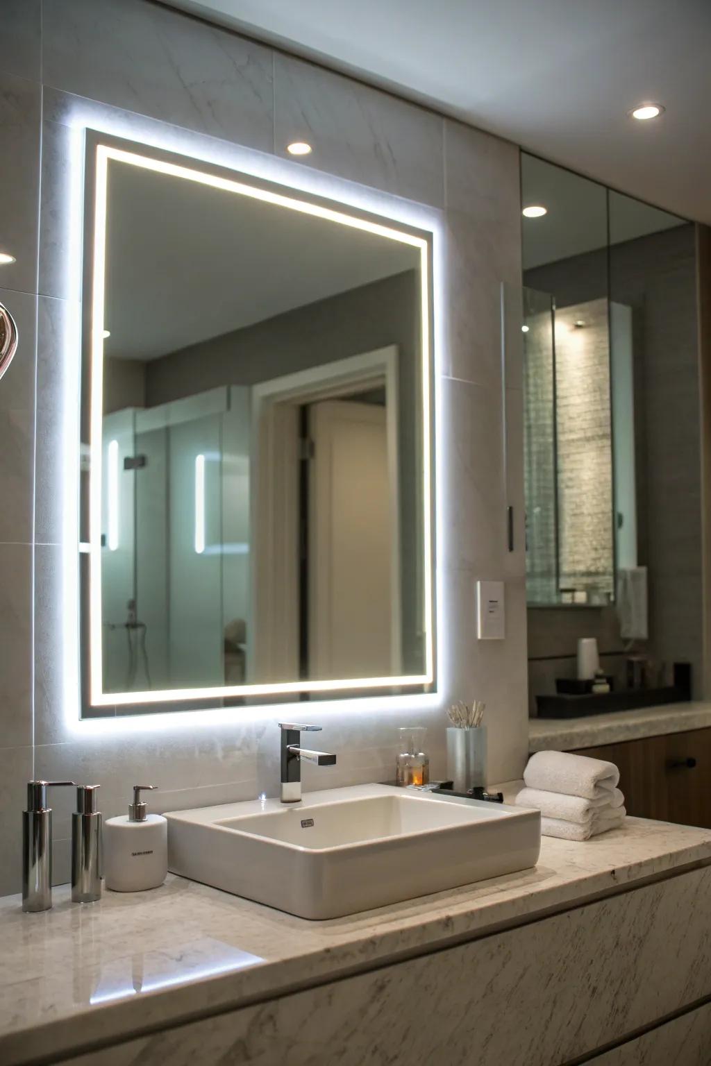 Backlit mirrors provide a contemporary, ethereal glow for your bathroom.