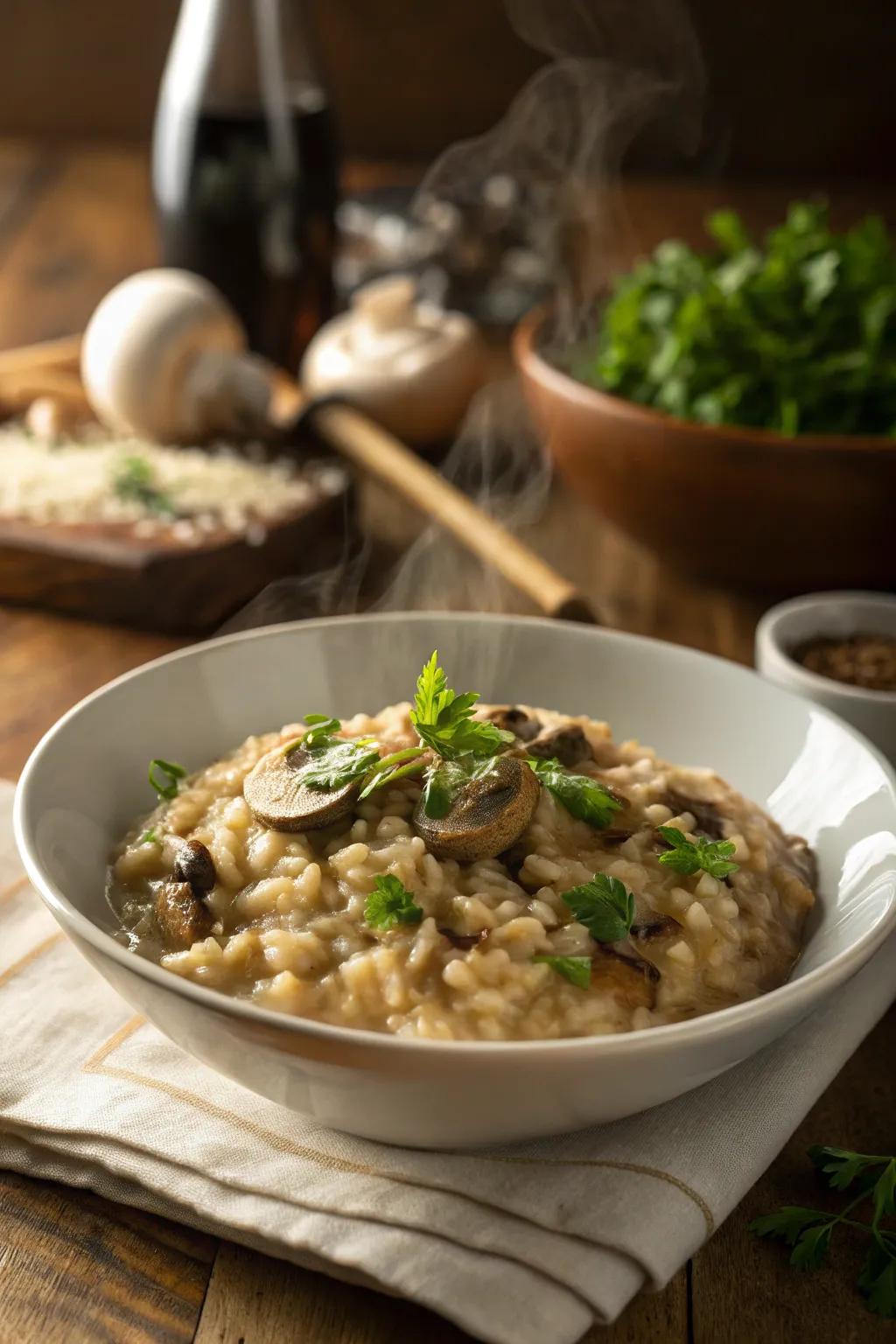 Mushroom risotto, rich and creamy for a late-night treat.