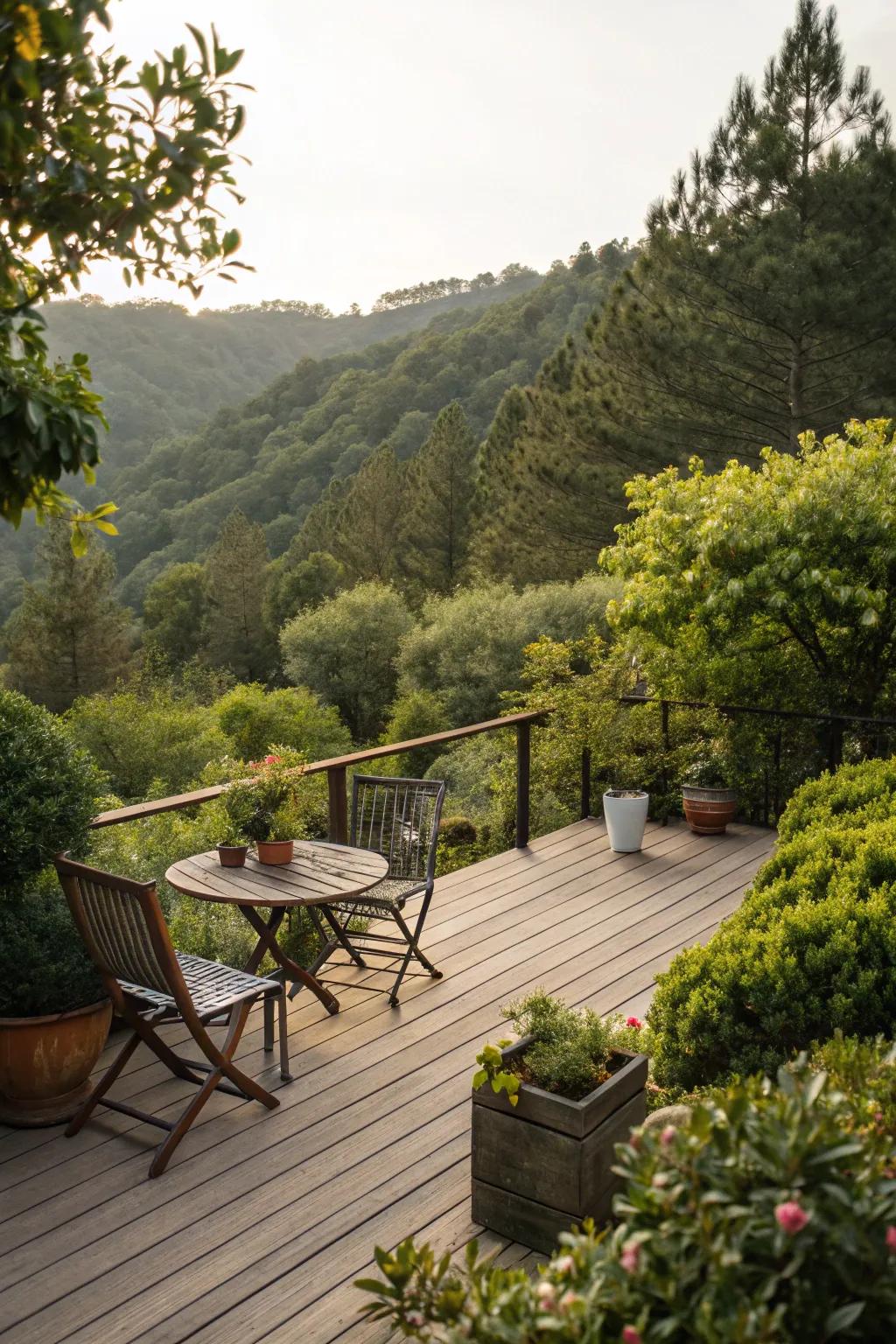 Greenery provides a natural, tranquil border for this attractive deck.