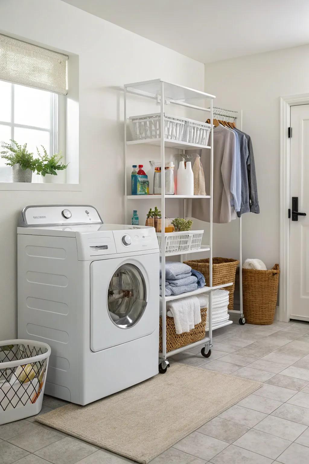 A slim trolley fits well in cramped areas, maximizing space.