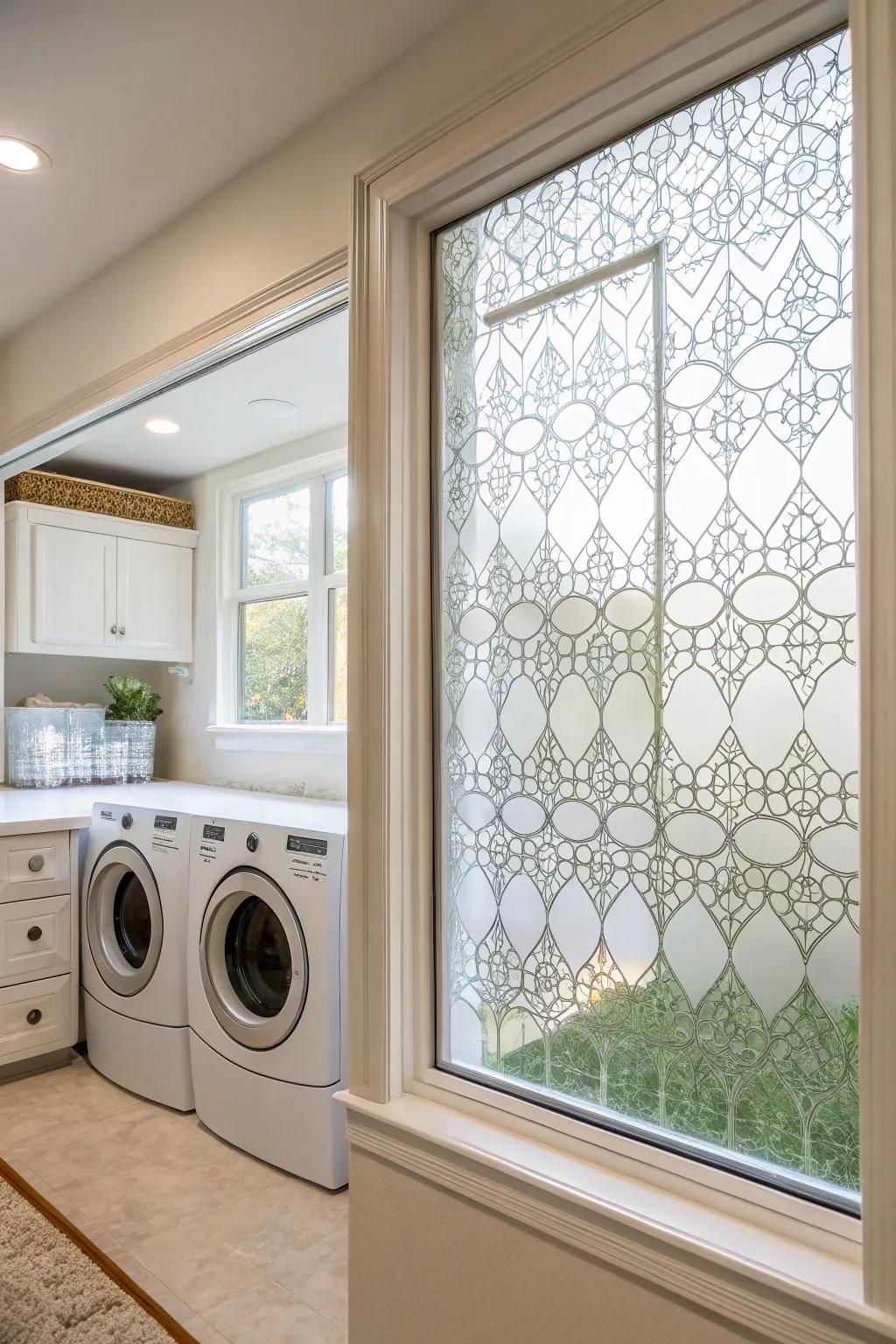 Ornamental window guard provides seclusion and design.