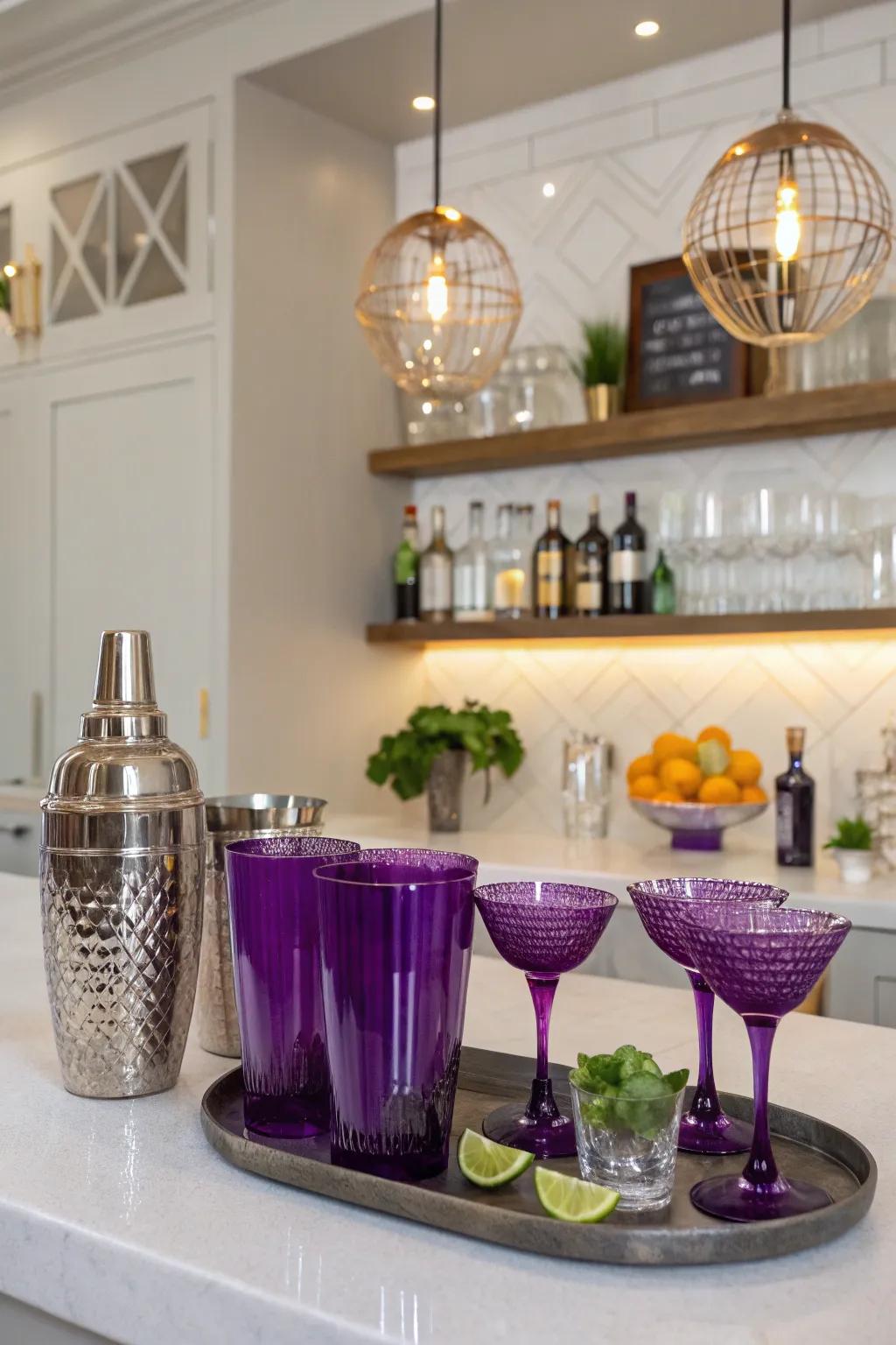 A chic home bar showcasing violet glassware for a fashionable hosting setting.