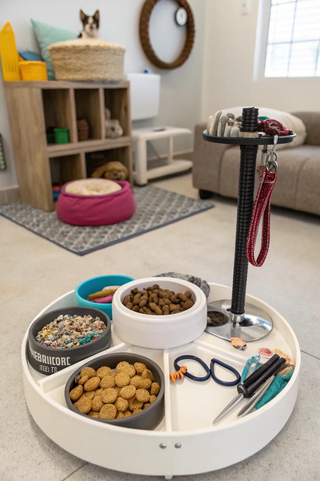 Keep pet supplies orderly with a dedicated spin organizer.