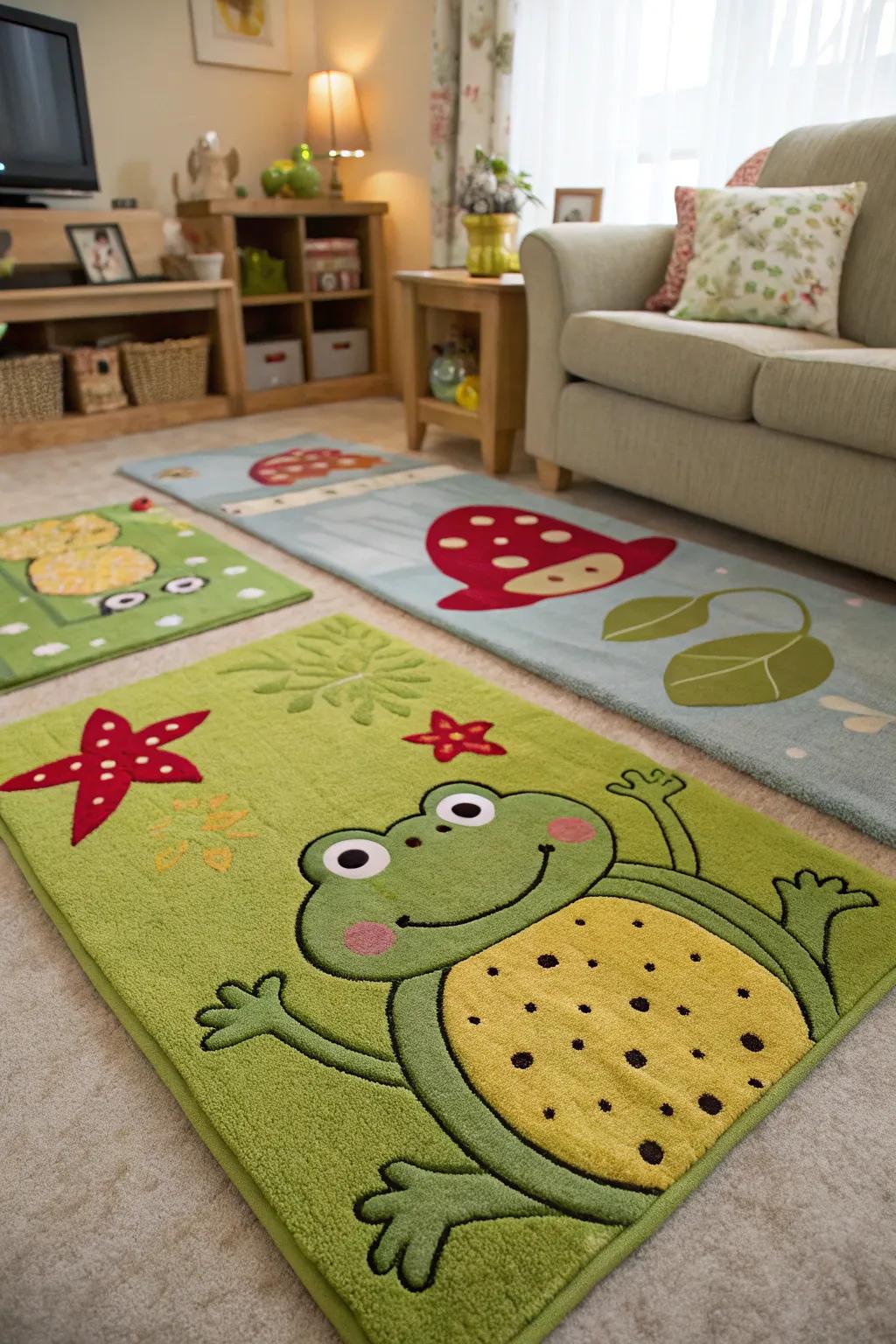 Amphibian-themed floor coverings append a whimsical accent to your floors.
