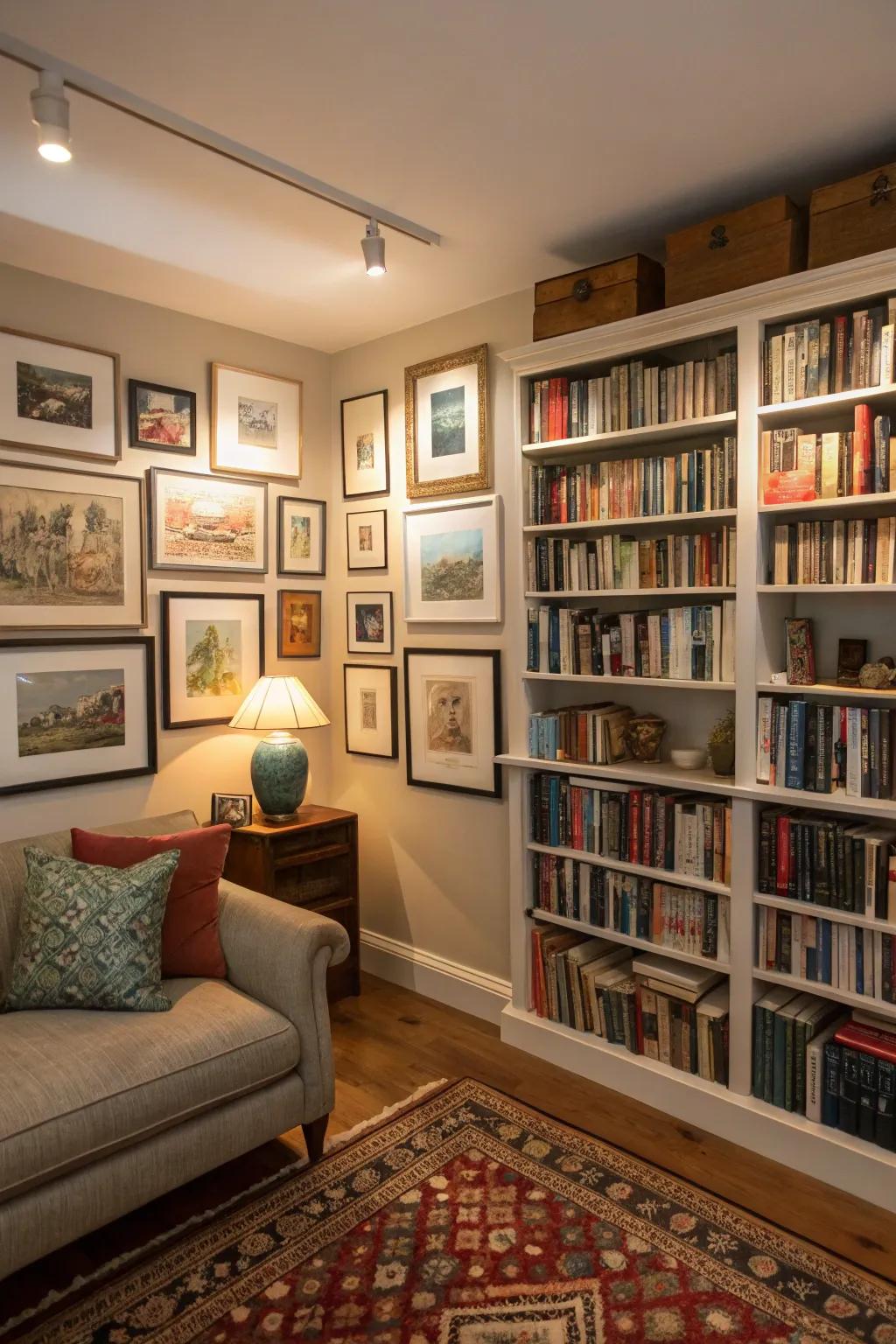 A gallery wall merging artwork and literature for a tailored touch.