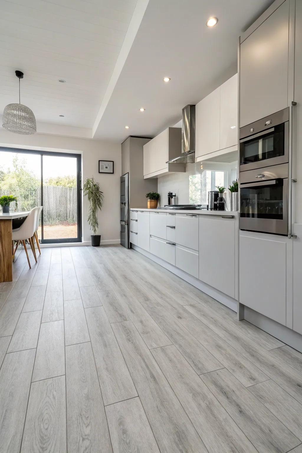 Light gray LVP flooring creates a sleek vibe in this modern kitchen.