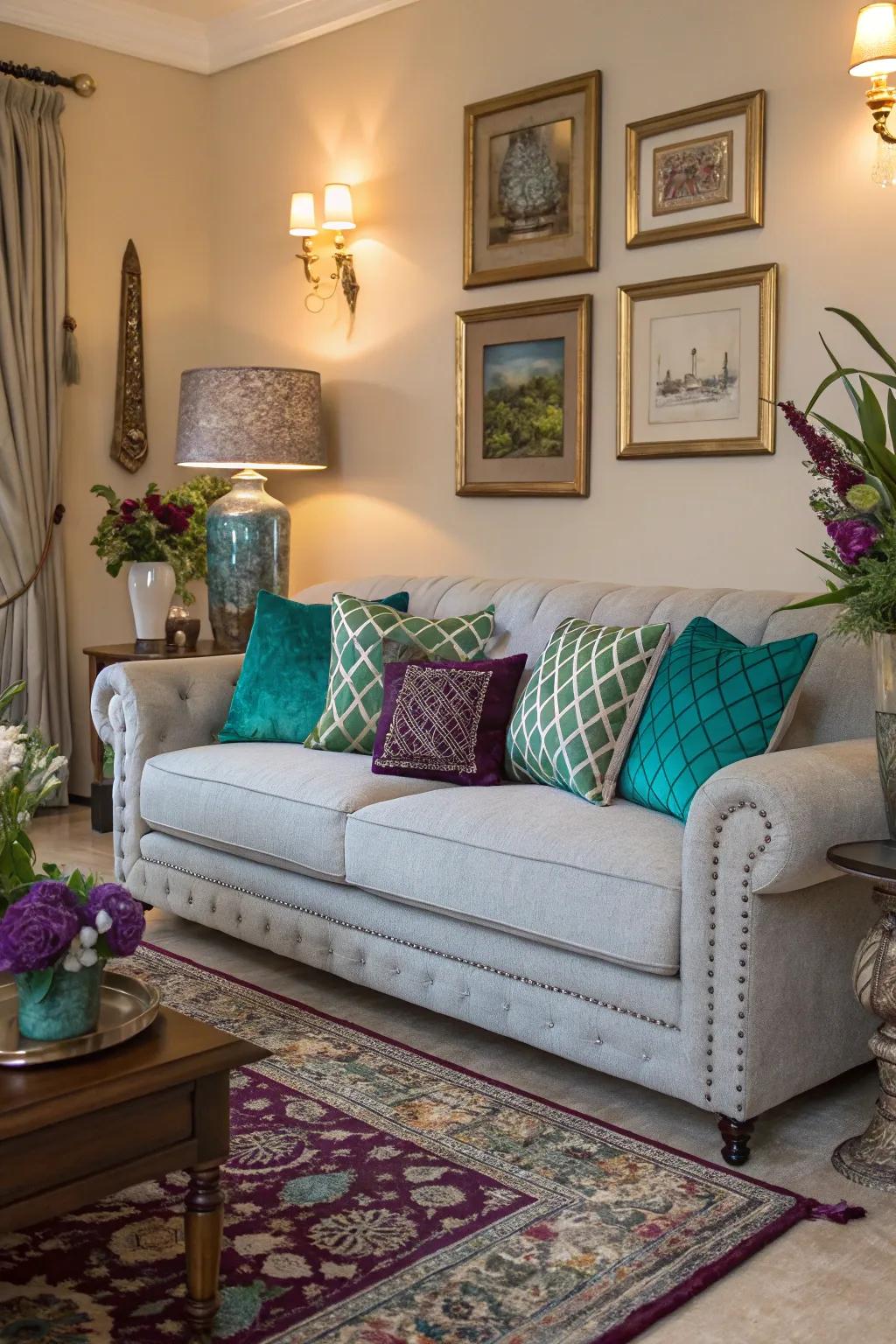 Gem-like tones contribute both luxury and intensity within an area focused on a light grey couch.