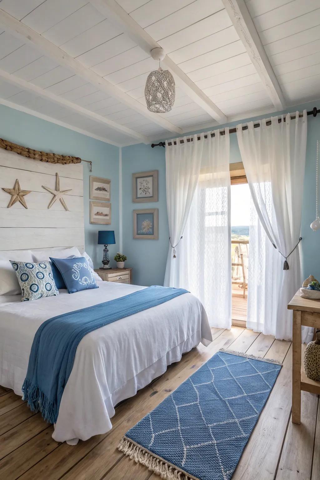 A marine inspired motif crafting a tranquil setting alongside light wood flooring.