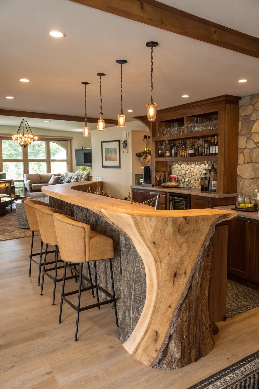 An unexpected natural-edge bar shape that includes a creative twist to a home bar.