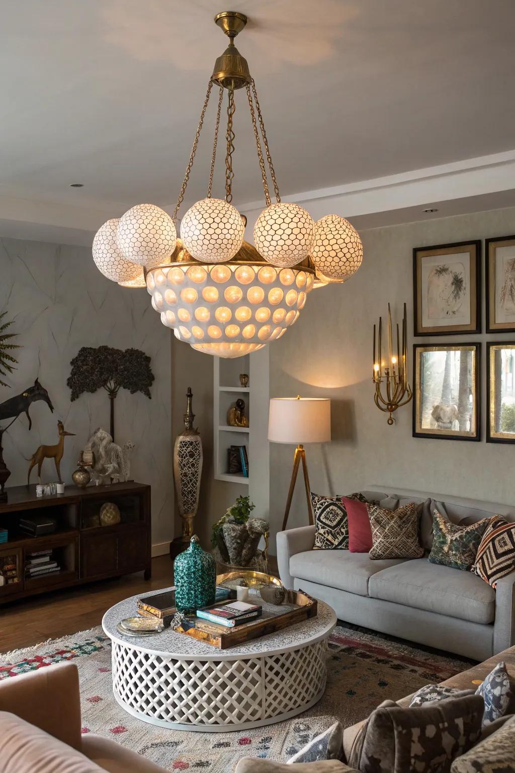 A living room presents an asymmetrical chandelier exhibiting playful geometry.