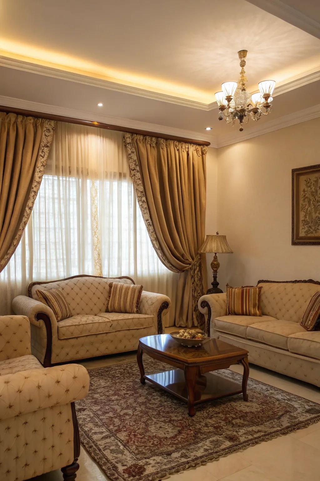 A unified living space can be achieved by coordinating drapes with furniture fabric.