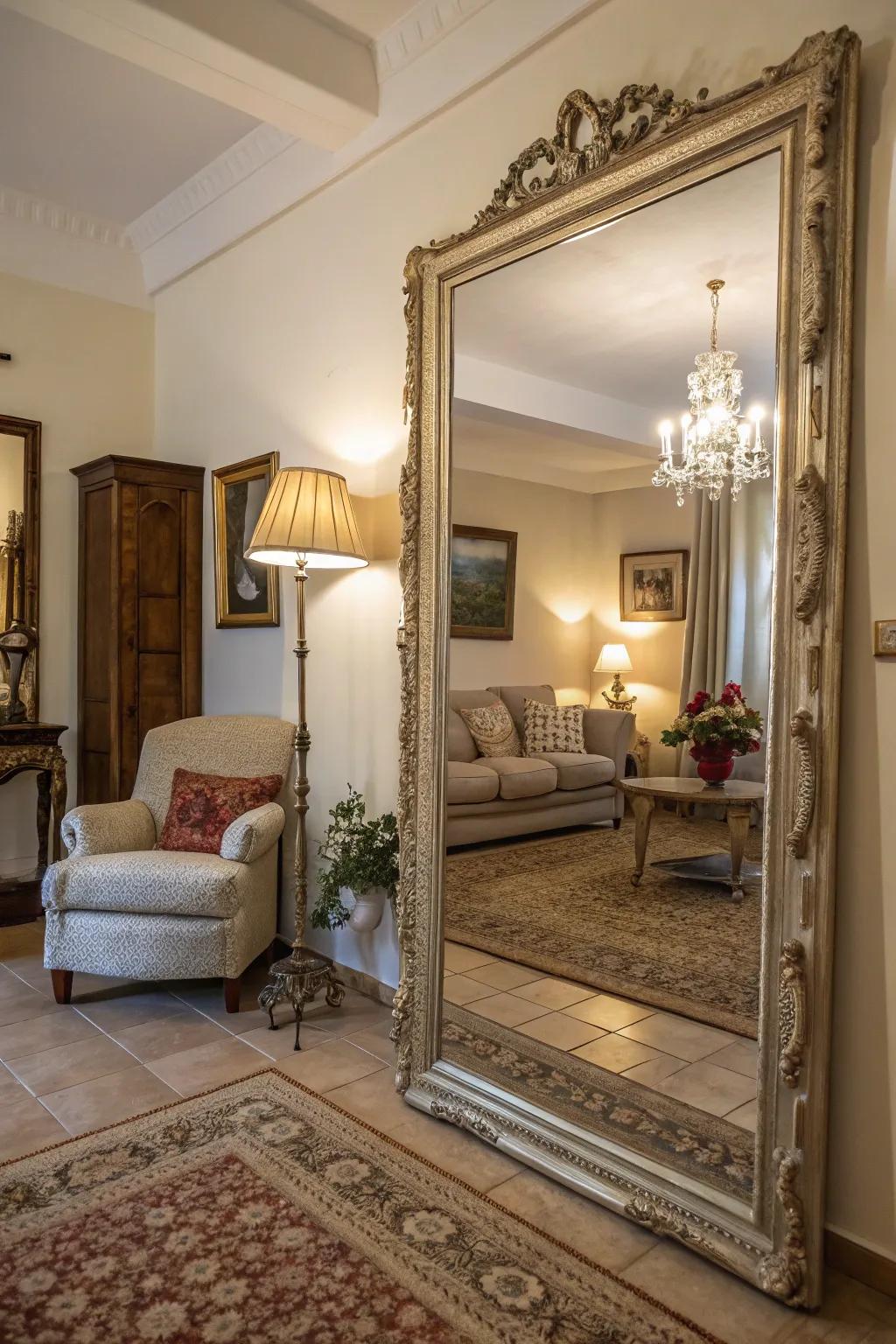 A striking mirror contributes sophistication and enhances luminosity.