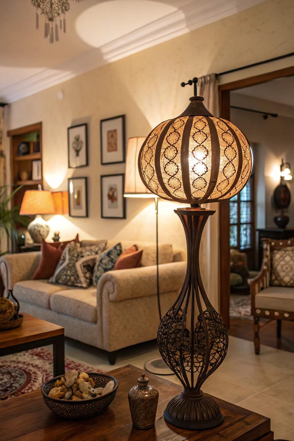 Striking lighting adds drama to the living area.