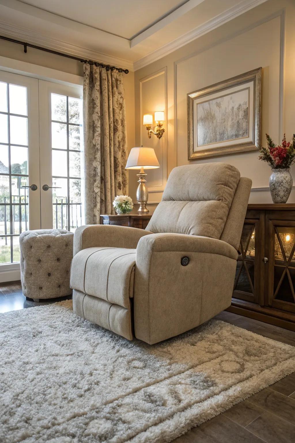 A luxurious ambience with a recliner and a floor covering in the living space.