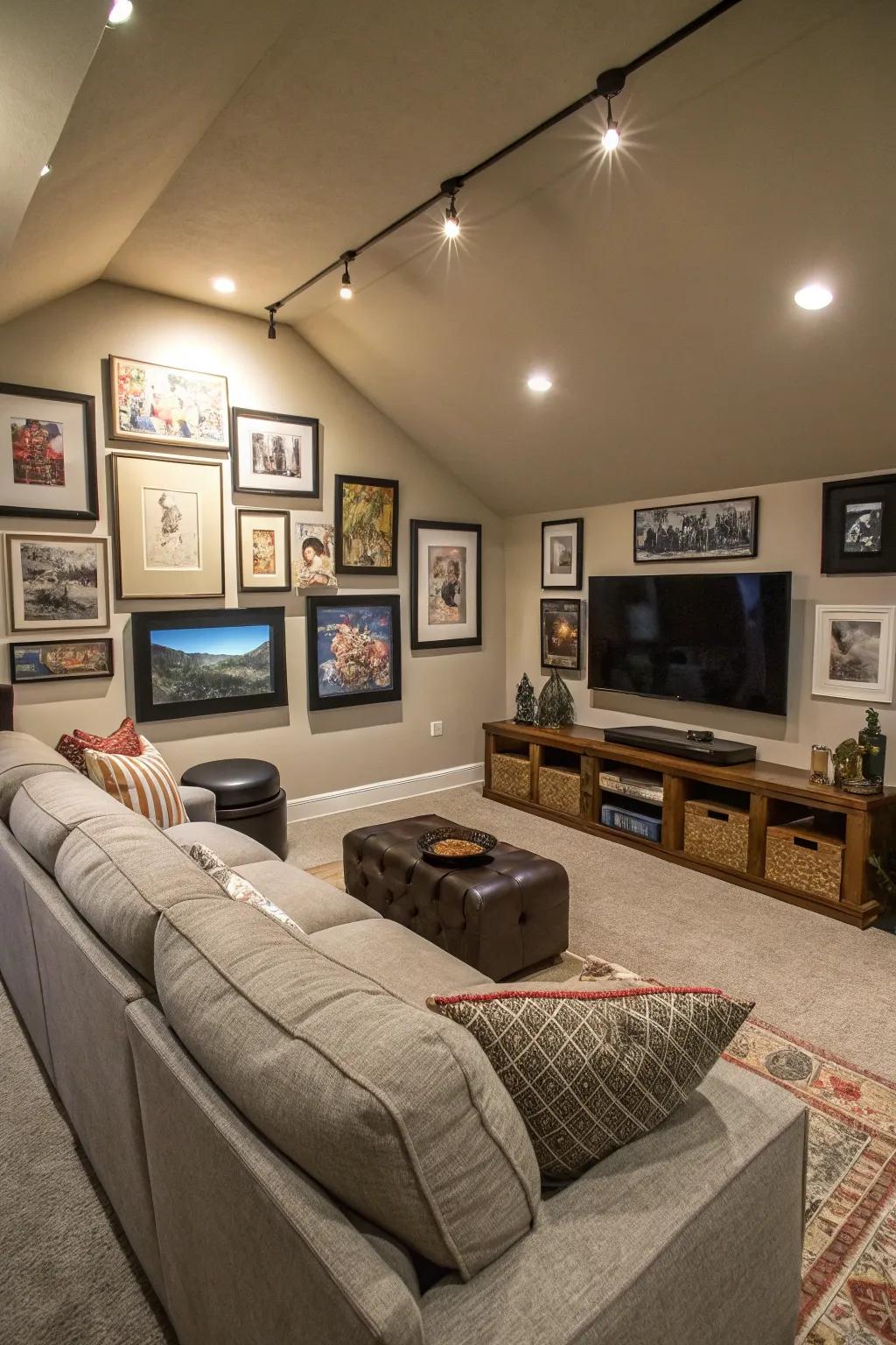 A gallery wall personalizes your viewing space with art and cherished moments.