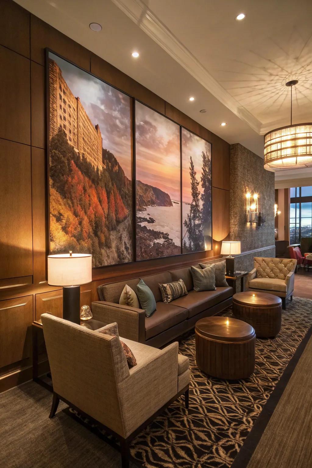 Striking wall art elevates the living room into a work of visual art.