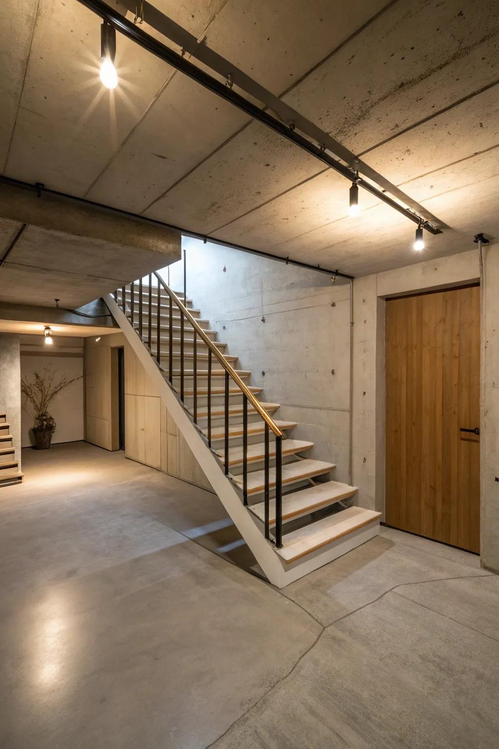 Stairs that have open risers include airiness and modernity in the basement.