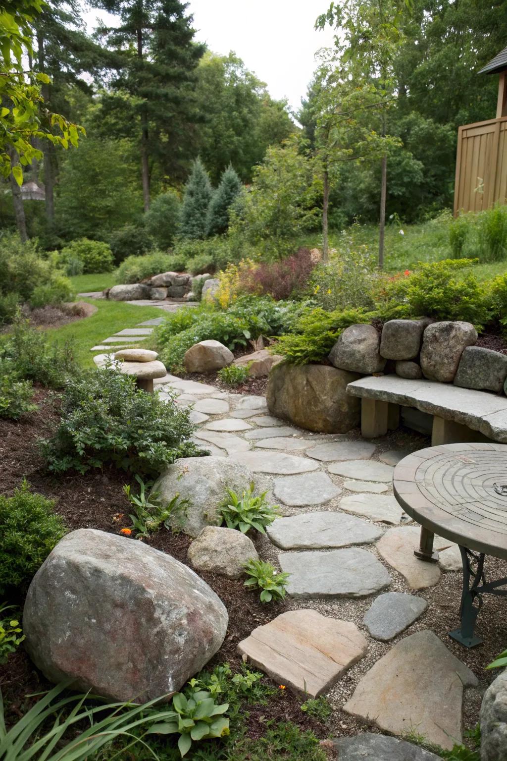 A stone seating space inviting relaxation.