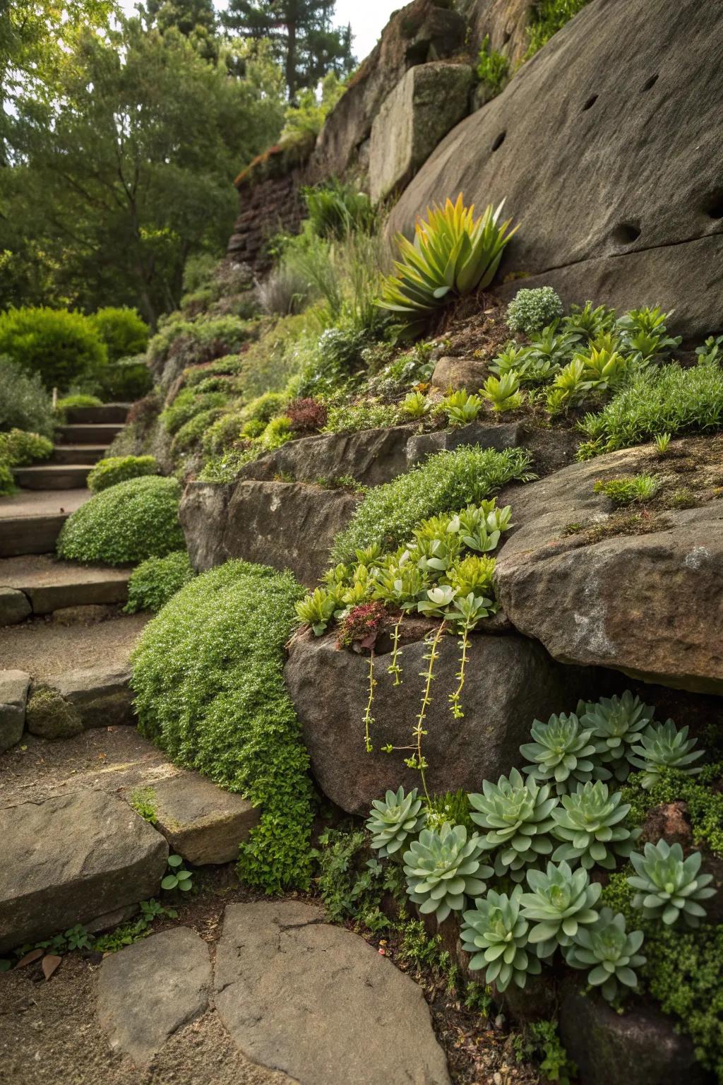 Upright planting adds a special element to the rock garden.